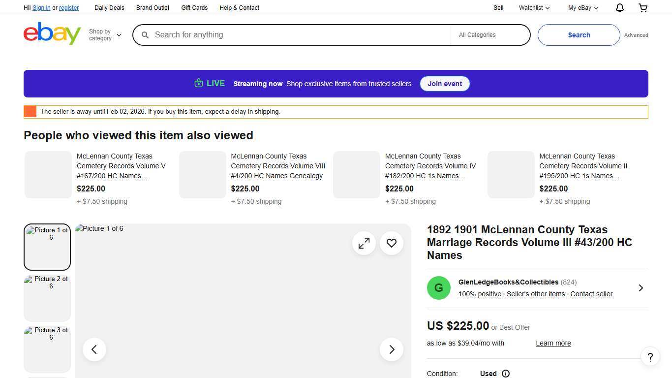 1892 1901 McLennan County Texas Marriage Records Volume III #43/200 HC Names eBay